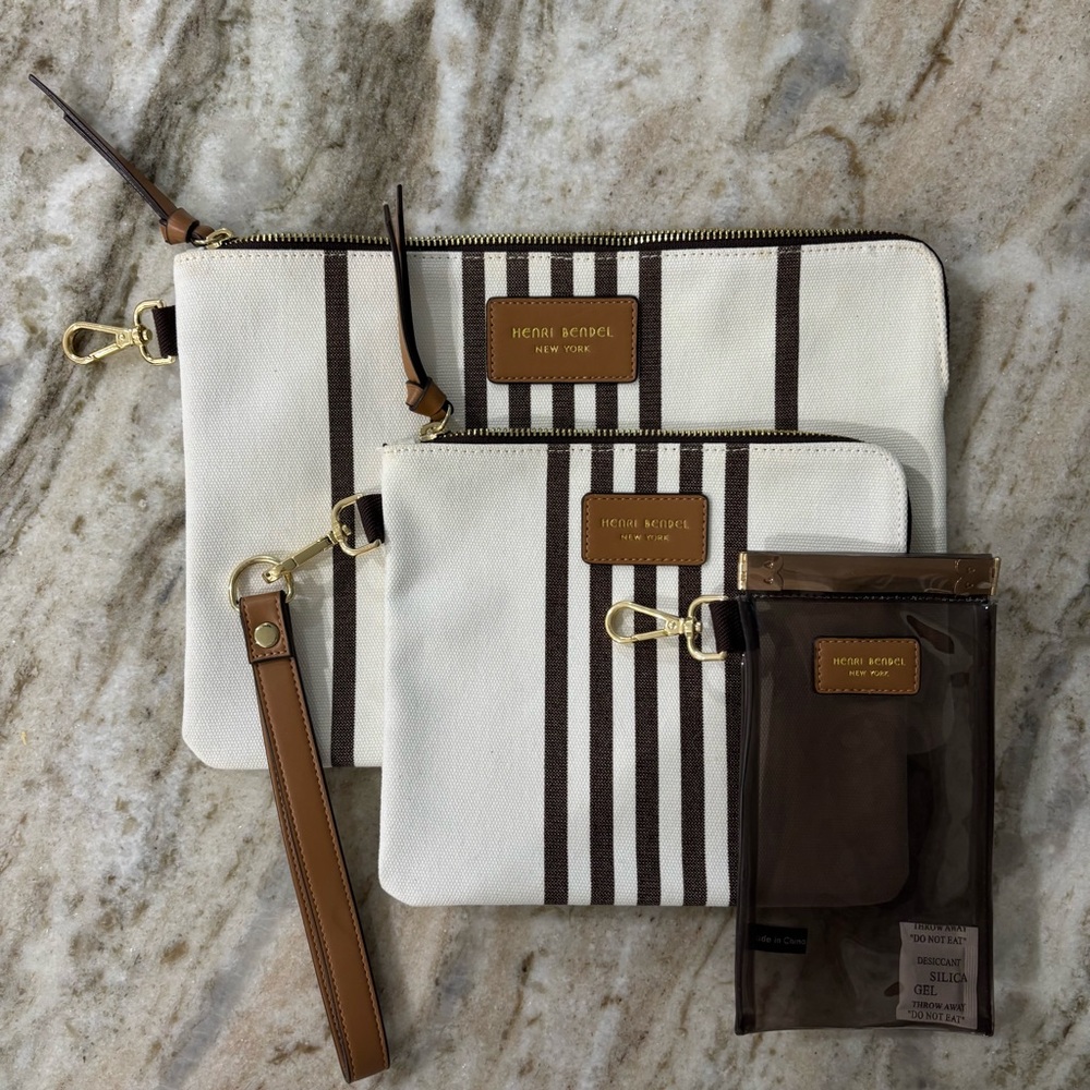 Henri Bendel NY White and Brown Striped Pouches Set